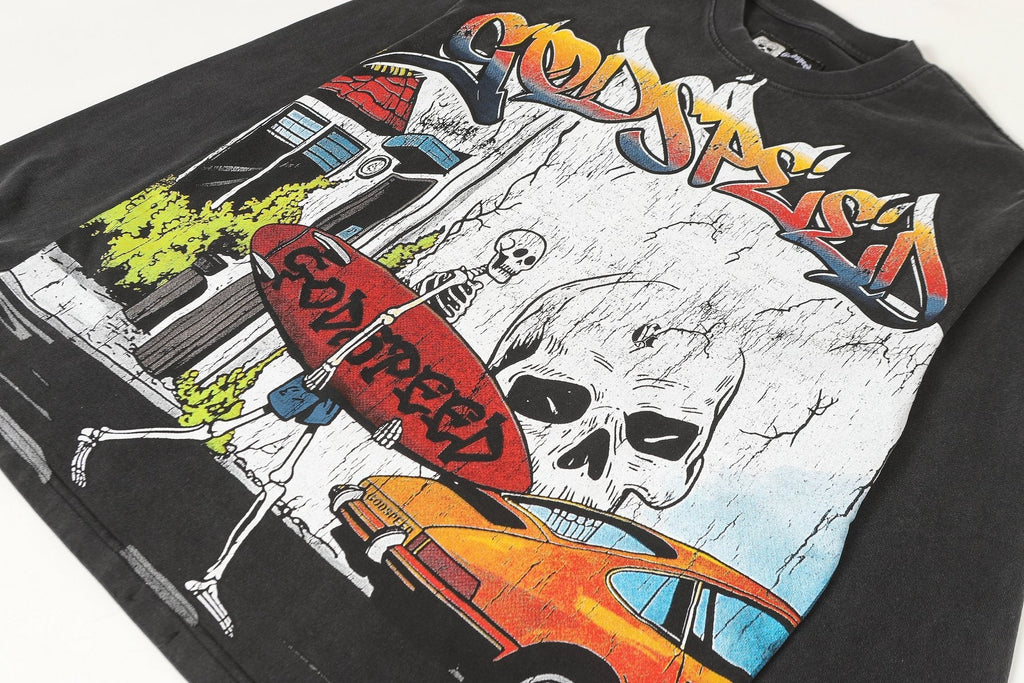 Godspeed Washed Black Skeleton Car Graphic Long-Sleeve T-Shirt ¡ª detail